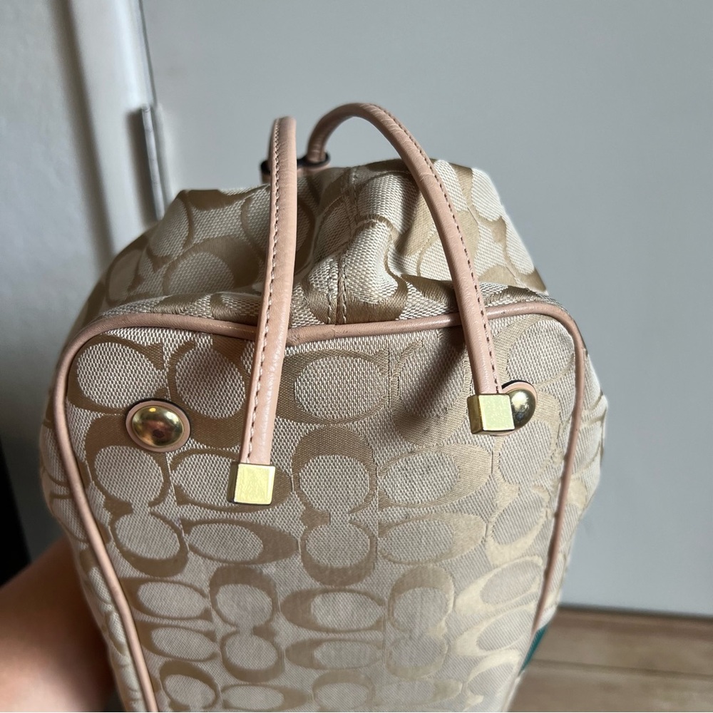 Coach Tan Signature Canvas Tote with Teal Center Stripe - Picture 8 of 16